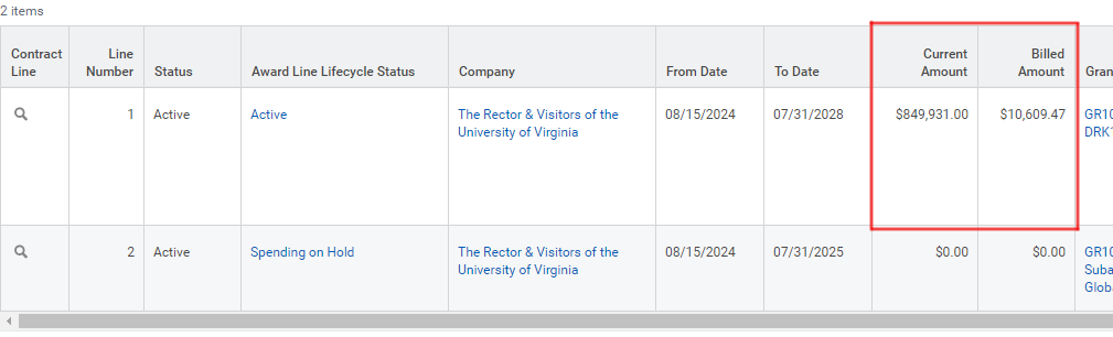 Screenshot of award lines with current and billed amounts surrounded by a red square.